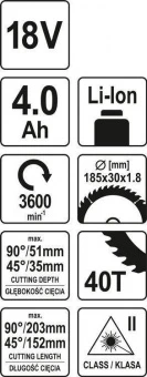 YATO Пила торцьовальна акумуляторна YATO : Li-Ion 18 В, 4 АГод, диск Ø=185/30 мм, різ 0°/45°-51/35мм