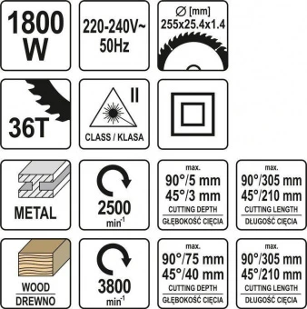 YATO Пила торцьовальна з протяжкою YATO: P=1.8кВт,диск Ø=255/25.4(30.0мм, різ 90°-45° (Дерево/Метал)