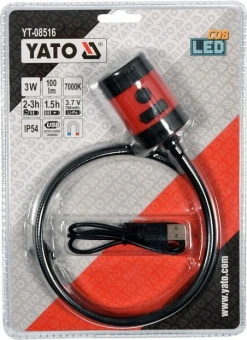 YATO Лампа світлодіодна YATO : 3.7 В Li-Po 1.5 Агод, 3 Вт, 100 lm, гнучкий тримач з магнітом  | YT-0