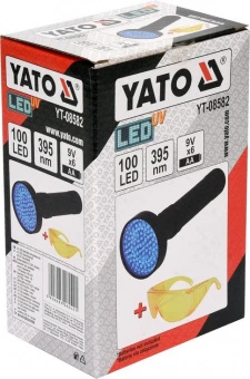 YATO Ліхтар ультрафіолетовий з окулярами, для перевірки банкнот YATO : 100LED, 6 x AA, 395 нм  | YT-