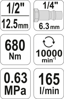 YATO Гайковерт ударний пневматичний MINI YATO: квадрат 1/2", F=680 Nm, роб. тиск- 6,3Bar при 165л/хв