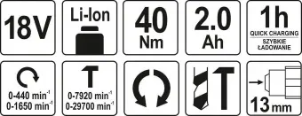 YATO Шуруповерт-дриль ударний акумулят. Li-Ion YATO: V=18 В, крутн.мом.- 40Нм, 2 Агод, патрон Ø≤13 м