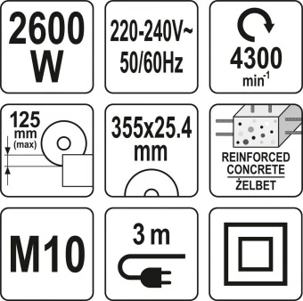 YATO Різак по бетону і силікату ел.-мереж. 23В YATO; 2600Вт, диск Ø=355/25,4мм, макс глиб різа- 125м