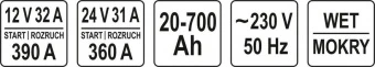 YATO Пуско-зарядний пристрій YATO : акумулятор 12/24 В, 50-340 А, 20-700 Аh, 230 В  | YT-83061