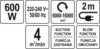 YATO Порохотяг мережевий YATO: 600Вт, 16000 об/хв, продуктивність- 4 м³/хв, кабель l= 2 м + 2 насадк