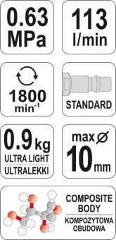 YATO Дриль пневматичний YATO з цангою для свердл Ø≤1мм; роб. тиск- 6,3Bar з подачою повітря-113 л/хв