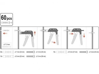 YATO Заклепочник дюбелів "Molly" YATO з 60 дюбелями  | YT-51451