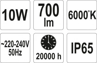 YATO Прожектор діодний, переносний, мережевий YATO; 230 В, 10 Вт, 700 lm, кабель l=1,8 м (DW) | YT-8