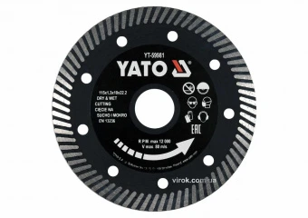 YATO Диск відрізний алмазний по гресу,кераміці "TURBO" YATO Ø=115x1.3x10x22.2мм,в мокрому і сухому р