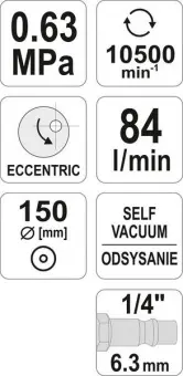 YATO Шліфмашина пневматична YATO ексцентрикова для шлангу Ø=1/4", 10500 об/хв. Ø=150 мм, 0,63 MPa  |