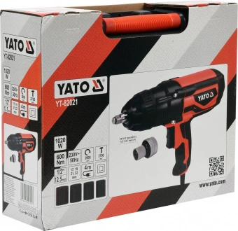 YATO Гайковерт ударний мережевий YATO: 1/4" HEX x 1/2" F, 1020Вт, 600Нм, 2600 об/хв +4 головки і кей
