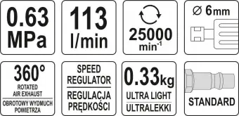 YATO Шліфмашина пневматична, пряма YATO зі шпинделем Ø= 6 мм, Ø= 1/4", 6.3 Bar, 113 л/хв  | YT-09633