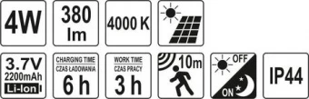 YATO Прожектор діодний з датчиком руху YATO : сонячна батарея, Li-Ion 3,7 В ; P= 4 Вт, Ф= 380 lm  | 