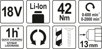 YATO Шуруповерт-дриль безщітков акумул. YATO: 18В, крутн.мом.- 42Нм, патрон Ø≤13 мм (БЕЗ АКУМУЛЯТОРА