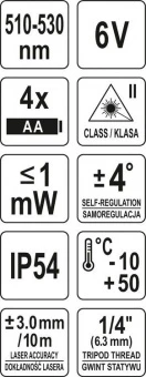 YATO Нівелір лазерний самонівелюючий YATO : 5 променів, точність- ±3 мм/ 10 м, верт./гориз. промені 