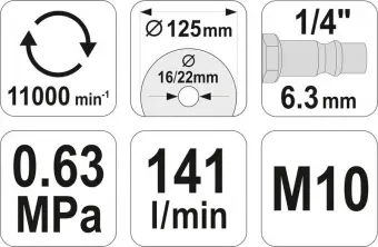 YATO Шліфмашина пневматична, кутова YATO для диска Ø= 125 мм, М10, сполуч, Ø= 1/4", 6,3 Bar, 141 л/х