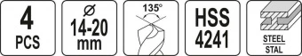 YATO Набір свердл по металу YATO: HSS 4241, Ø14-20мм, L=75/150мм, до нержав. і конструкц. сталі, 4 ш