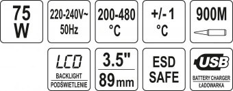 YATO Паяльна станція мережева YATO; Р=75Вт, t°= 200-480°С, жало тип 900М, LCD табло з USB заряджання