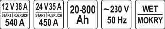 YATO Пуско-зарядний пристрій YATO : акумулятор 12/24 В, 60-540 А, 20-800 Аh, 230 В  | YT-83062