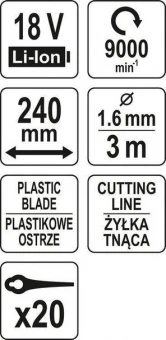 YATO Тример акумуляторний (без акум) YATO: Li-Ion 18В, шир покосу- 24 см, жилка Ø=1.6мм і пласт. нож