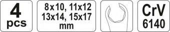 YATO Ключі накидні YATO : Відкриті, М= 8х10-15х17 мм, Набір 4 шт.  | YT-0143