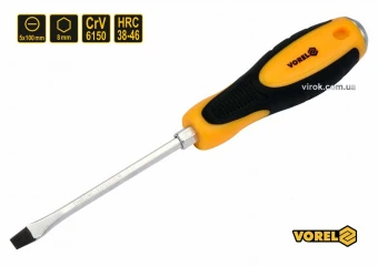 VOREL Викрутка плоска ударна з 6-гранним стержнем : SL5 х 100 мм, HRC 38-46, Cr-V  | 62161