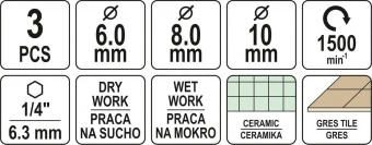YATO Свердла з алмазним пругом YATO, 3 шт. Ø= 6-8-10 мм, l= 65/10 мм, з 6-гран. шпинделем- 1/4"  | Y
