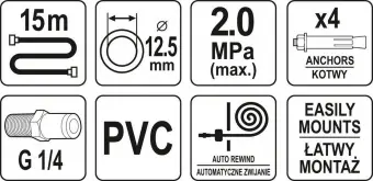 YATO Шланг пневматичний ПВХ на котушці YATO з швидкоз'єдн. наконеч-ми 1/4", Ø=12.5 мм, тиск- 20Bar, 