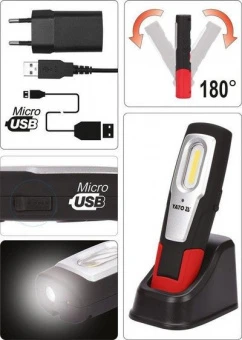 YATO Лампа світлодіодна переносна YATO 3.7 В акумулят. Li-Ion, 2 режими 600/250 Lm, зарядний USB при