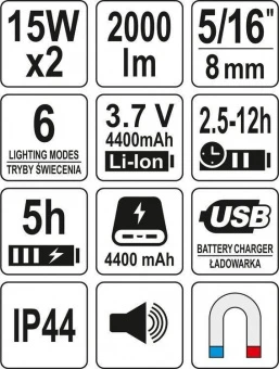 YATO Світильник переносний, світлодіод YATO 3,7 В Li-Ion акумул 2000Лм з 2 динаміками по 15Вт, заряд