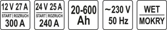 YATO Пуско-зарядний пристрій YATO : акумулятор 12/24 В, 40-240 А, 20-600 Аh, 230 В  | YT-83060