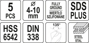 YATO Свердла по металу SDS+ YATO: Ø= 4.0- 10.0 мм, HSS 6542. набір. 5 шт  | YT-40050