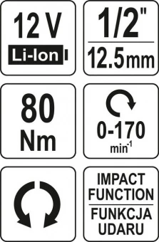 YATO Тріщатка ударна акумуляторна безщіткова YATO: Li-Ion 12 В, квадрат 1/2", 80 Нм(БЕЗ АКУМУЛЯТОРА)