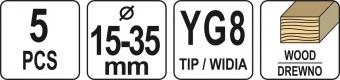 YATO Набір свердл-фрез по дереву YATO : Ø= 15-35 мм, зі шпинделями Ø= 8, 10 мм, у футлярі, 5 шт.  | 