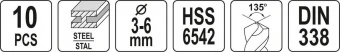 YATO Свердла по металу 2-сторонні, шліфовані YATO : HSS 6542, Ø=3.0- 6.0 мм, 10 шт  | YT-40025