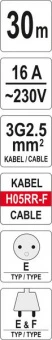 YATO Подовжувач мережевий YATO на котушці : L= 30 м. 3-жильний Ø=2,5 мм²  | YT-8106