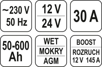 YATO Пуско-зарядний пристрій YATO: акумулятор 12/24В, 50-600 Агод, V= 230 В,10/30А(12В),7,5/15 А(24В