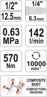 YATO Гайковерт ударний пневматичний YATO : квадрат 1/2", F=570 Nm  | YT-09505