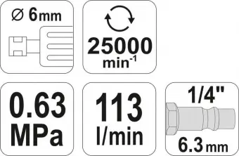 YATO Шліфмашина пневматична, пряма YATO зі сполуч. Ø=1/4", роб. тиск- 6,3Bar, витр. повітря-113 л/хв