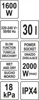 YATO Порохотяг промисловий мережевий YATO: 1600Вт, збірна ємність- 30л, з ручним струшуванням фільтр