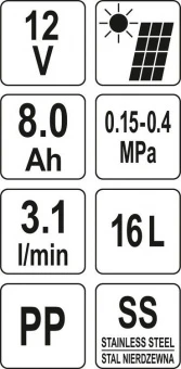 YATO Оприскувач акумуляторний YATO ранцевий, 12 В, 8 Агод, 16л, продуктивность- 3.1 л/хв(сонячна бат