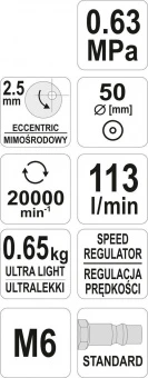 YATO Шліфмашина пневматична YATO ексцентрикова , з диском Ø=50мм, 0.63 MPa, спожив. повітря-113 л/хв