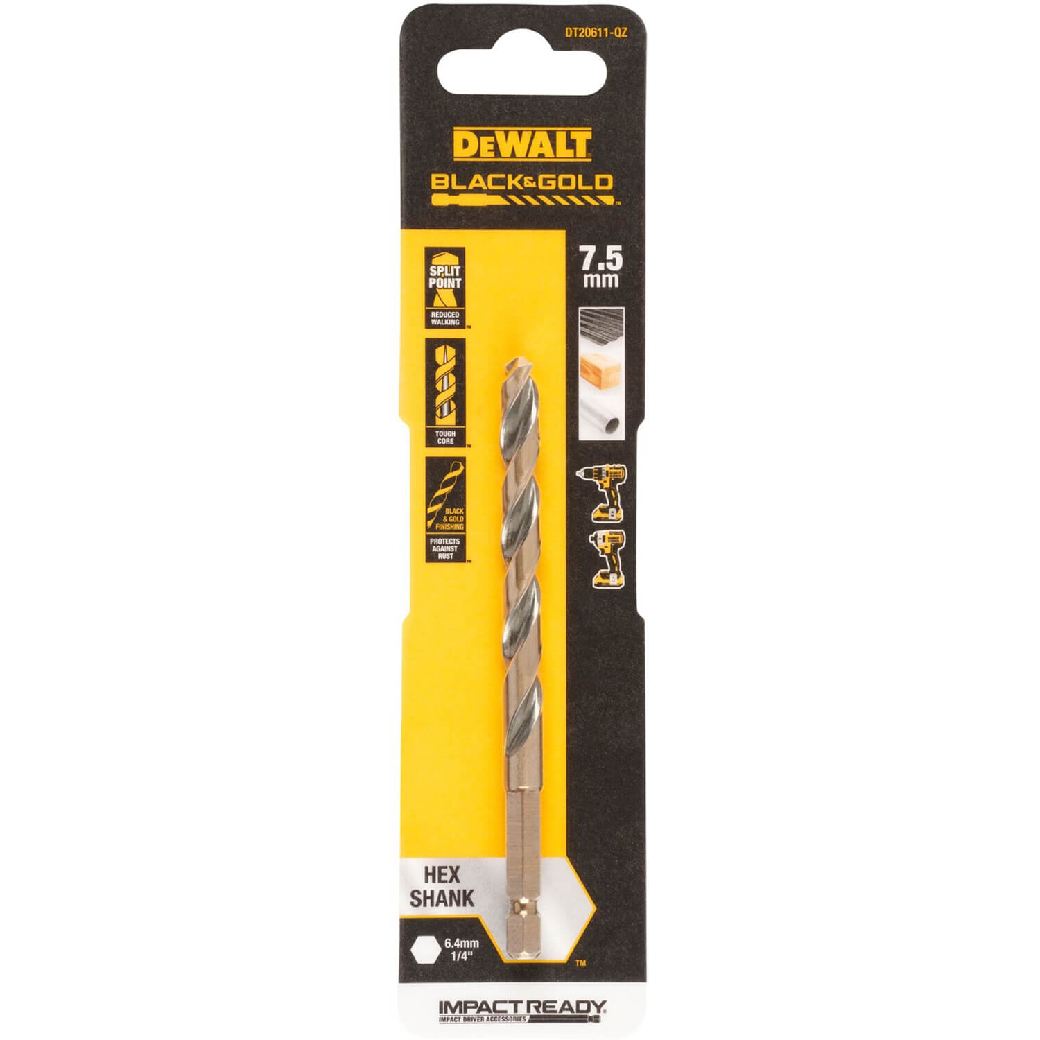 Свердло по металу DeWALT EXTREME IMPACT Black & Gold, HSS-G, Ø 7,5 мм, 1 шт. | DT20611