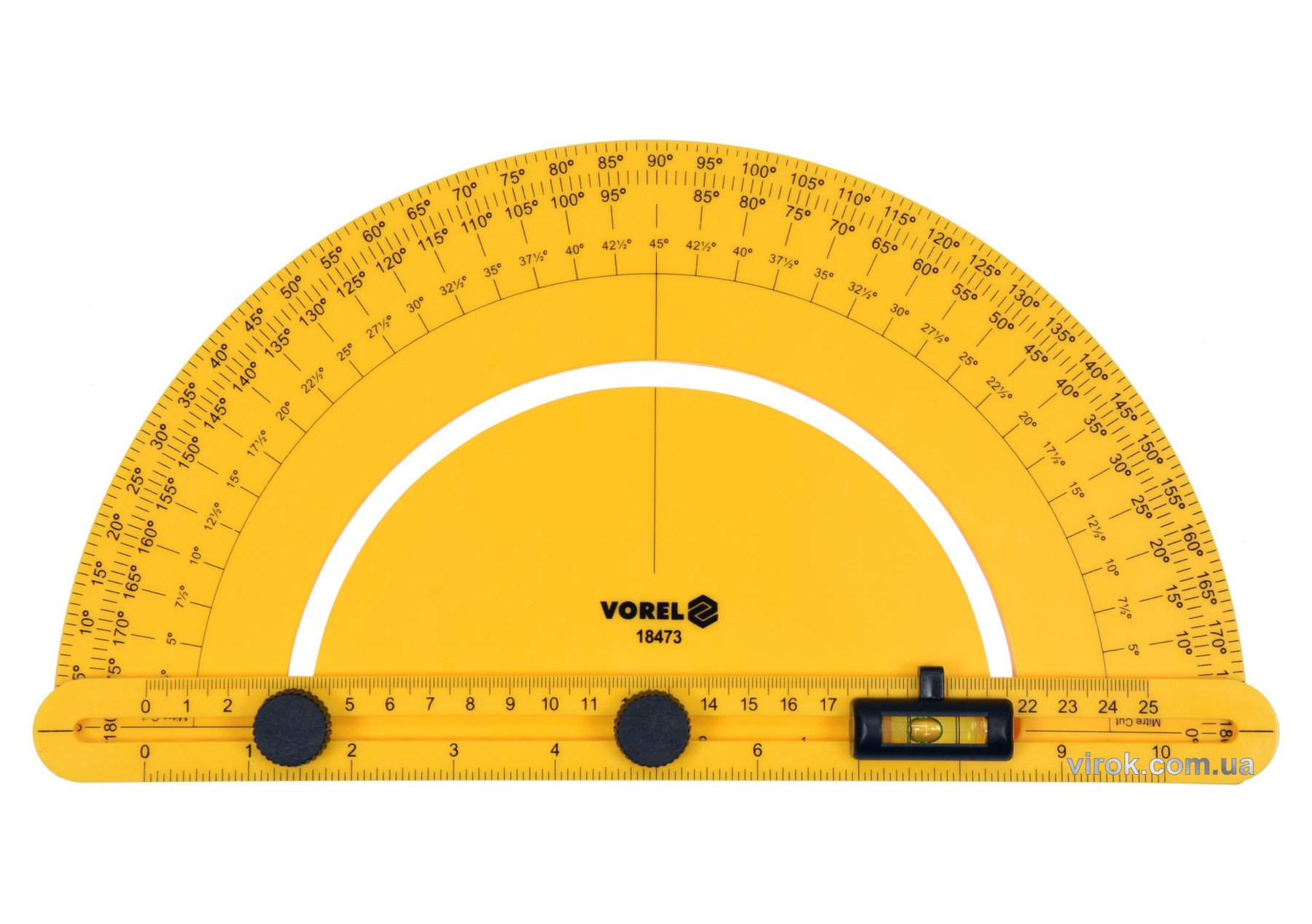 VOREL Транспортир з шкалою 0-180º і рухомим рівнем l=250 мм, з блокувальними гвинтами  | 18473
