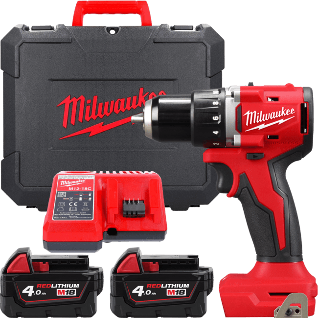 MILWAUKEE Дриль-шурупокрут акумуляторний, M18 BLDDRC-402C, 60Нм (+ заряд.прис., 2акум. Х4Аг, кейс)