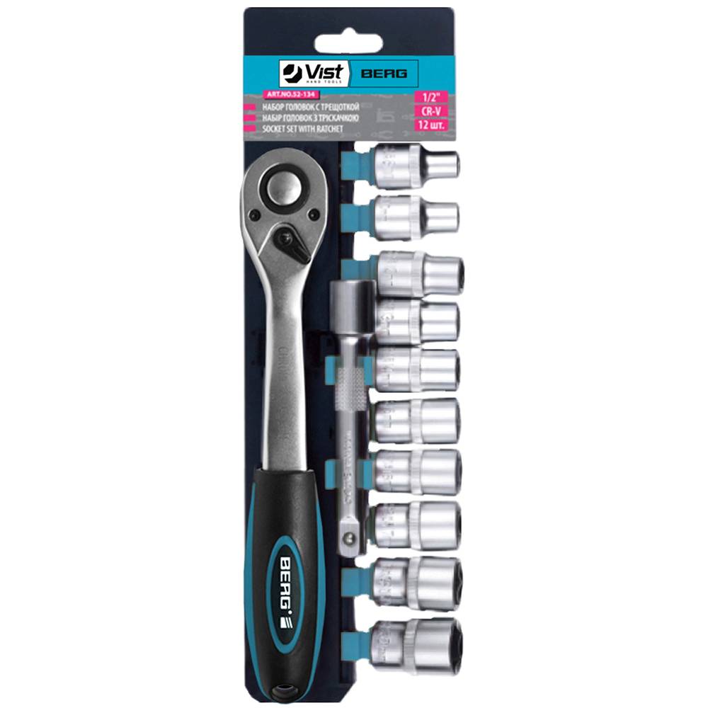 Набір головок з тріскачкою, 1/2 (10-24мм), Cr-V, 12шт Berg | 52-134