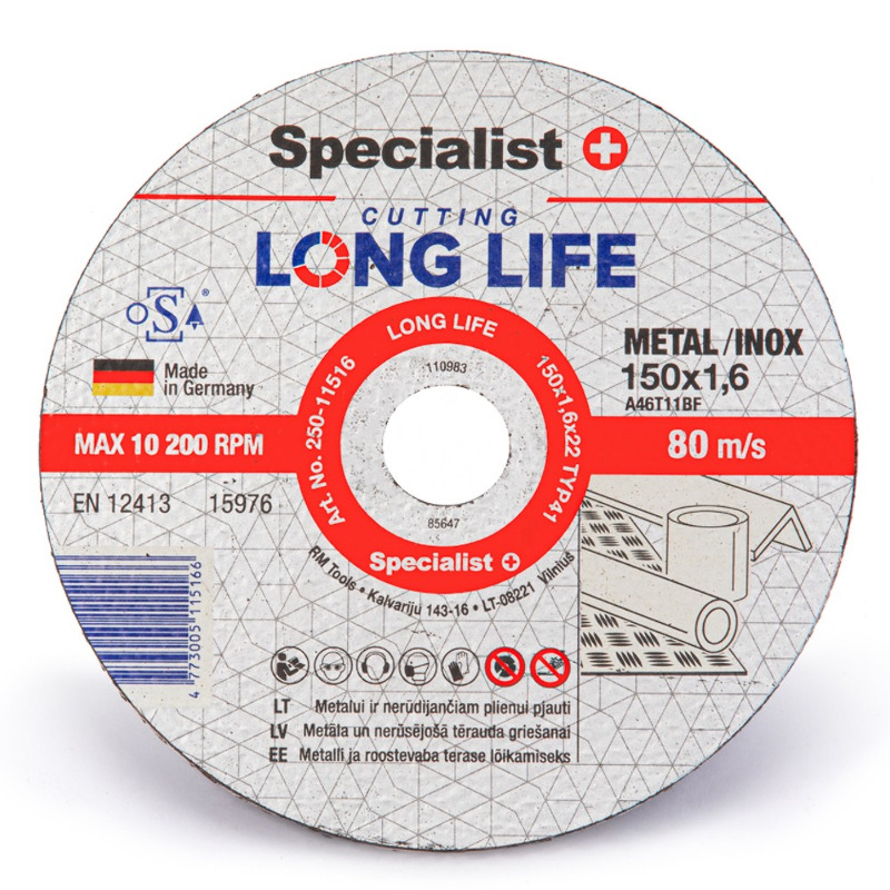 Specialist+ Диск абразивний відрізний по металу/нержавіючій сталі Specialist+ LONG LIFE 150x1,6x22  