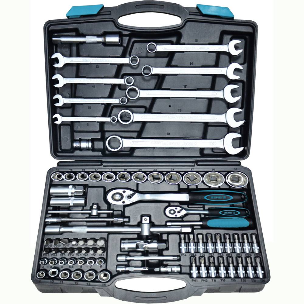 Набір головок 1/2,1/4 (4-32мм), ключів (8-22мм), Cr-V, 82шт Berg | 52-112