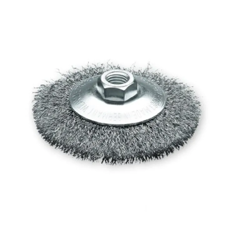 Щетка коническая 100x10 мм из нержавеющей гофрированной проволоки 0.30 мм. М14х2.0 LESSMANN