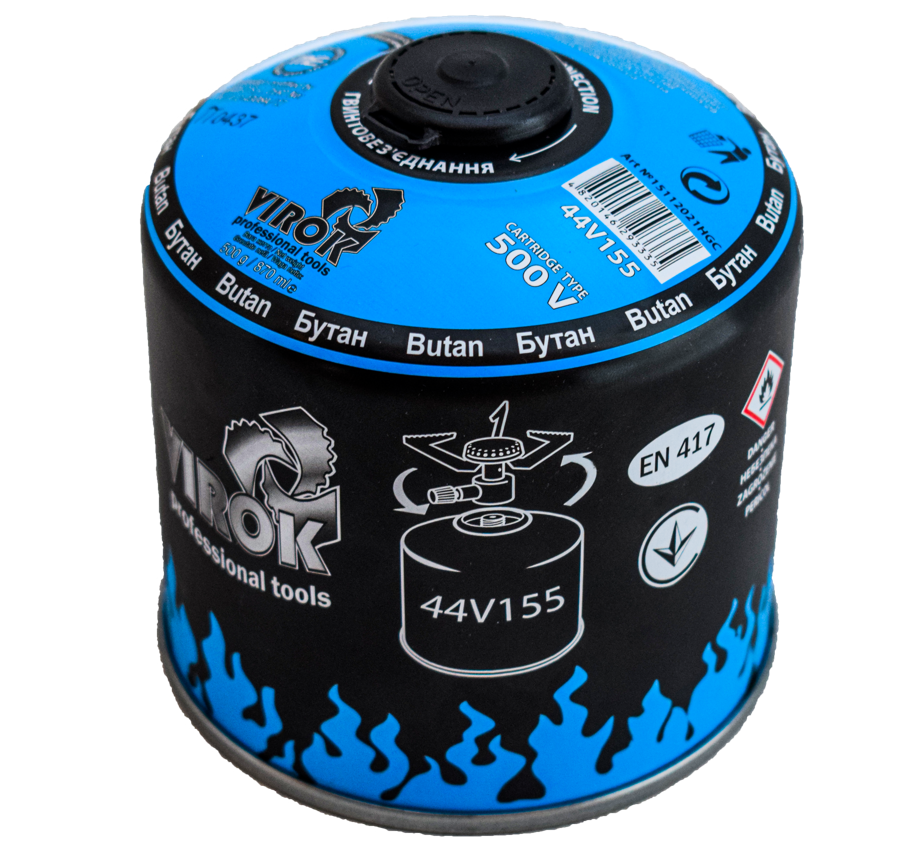 VIROK Балон газовий 1-разовий з різьбою (7/16) 500g/870ml. для плит/кемпінгу (EN417) BUTAN  | 44V155
